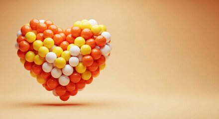 Heart made of orange, yellow and white sphere, forming a love shape on light brown background. Romantic love, perfect for Valentine's Day design
