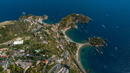 Aerial view of Isola Bella, in Sicily, Italy. It is an Italian tidal island located in the Ionian...
