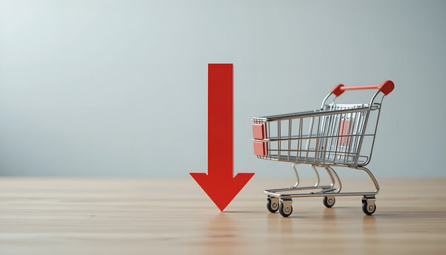 Consumer spending decline concept with red downward arrow and shopping cart for financial news blog header