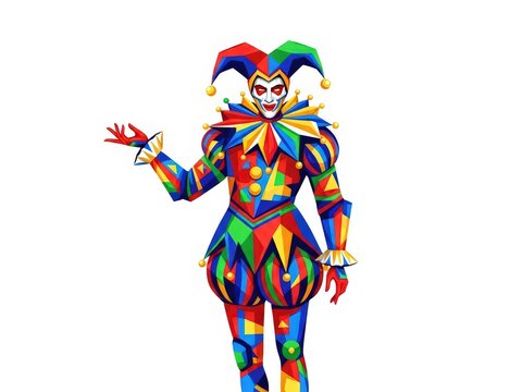 Colorful low-poly jester character wearing traditional motley and a peaked hat, smiling and gesturing against a white background.