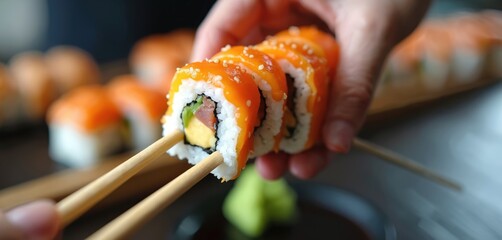 Person holds sushi roll with chopsticks. Japanese cuisine sushi roll on plate with wasabi and sauce. Sushi delivery food, asian food. Healthy seafood meal with rice.