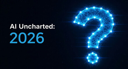 Image of a blue, glowing question mark formed from points and lines on a dark starfield, representing uncertainty and future technology in 2026