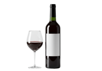 A dark green Bordeaux wine bottle with blank label and crystal glass with ruby red wine on a reflective transparent background with copy space, concept for beverage advertising.