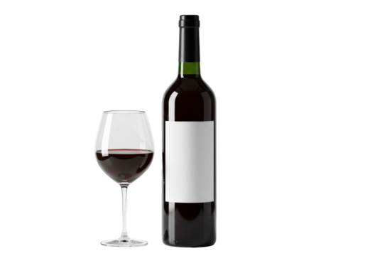 A dark green Bordeaux wine bottle with blank label and crystal glass with ruby red wine on a reflective transparent background with copy space, concept for beverage advertising. - Powered by Adobe