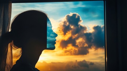 A silhouette of a person gazes at the sunset through the window. The clouds reflect a serene moment of contemplation and beauty. Embrace the power of imagination. Generative AI