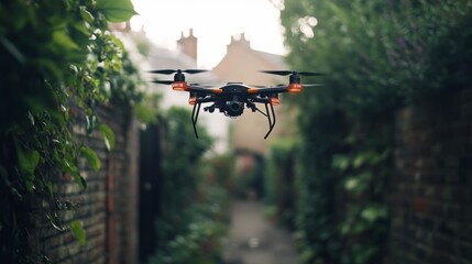 A drone navigates through a narrow path. Explore the fascinating world of aerial technology. Drones capture unique perspectives from above. Generative AI.