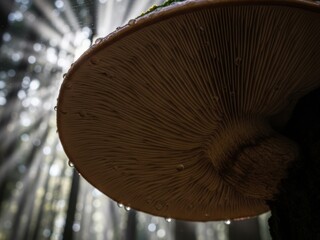 Low-angle shot revealing the intricate gills and water droplets beneath a mushroom cap, dramatically backlit by sunbeams piercing a misty forest canopy.