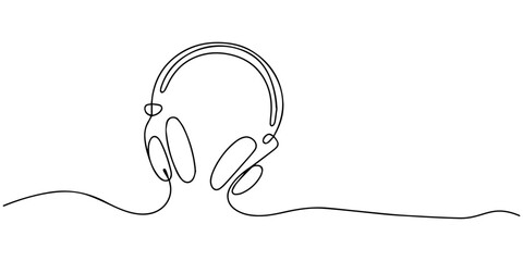 Continuous line drawing of vector illustration headphones for music and sound vector, Minimalist one-line drawing of headphones for audio enjoyment and relaxation, Headphone continuous one line draw © line draw