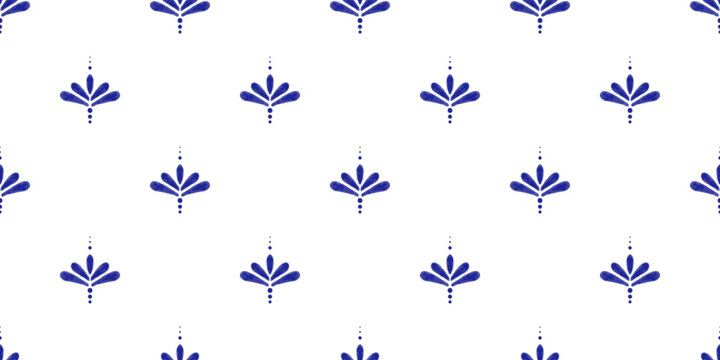 Trendy blue and white seamless pattern bg. Ornament for home textile or ceramic. Mediterranean amalfi tile. Minimalistic mosaic design of Portuguese, Italian, Spanish motifs. Vector illustration.