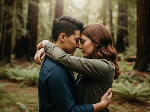 A couple embraces affectionately, foreheads touching, in a lush, misty forest of tall trees and ferns, conveying intimacy and tranquility.