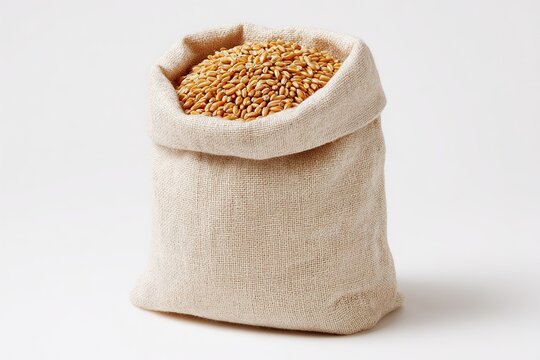 Full burlap sack overflowing with golden wheat grains on a clean white background