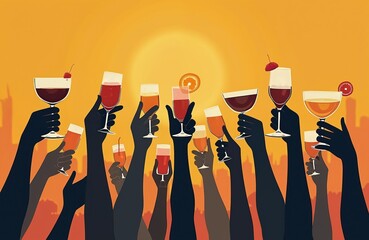 A group of diverse hands hold up various drinks against a sunset cityscape. People celebrate with toasts, cheers, and drinks at a party or social gathering event.