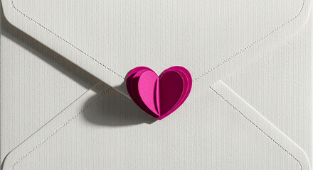 Envelope with a pink paper heart, folded, casting a soft shadow. Represents love, affection, and Valentine's Day, suitable for heartfelt messages or cards