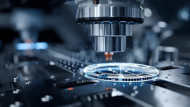 Close-up of a precision machine inspecting a circular object with a blue light on an industrial production line with dark metallic tones.