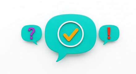 Three speech bubble icons: question, check, exclamation mark. Representing inquiry, confirmation, alert, and communication concept on white background