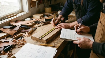 Close up of carpenters measuring wood and taking notes in a woodworking workshop
