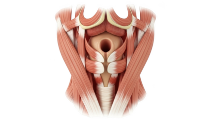Anatomical illustration of human larynx and surrounding muscles isolated on a transparent background