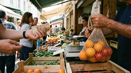 Customer holding paper money and mesh bag with vegetables at local market