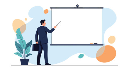 Professional businessman standing next to a blank white projection screen and pointing at it while giving a corporate presentation or lecture.