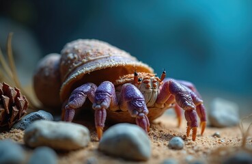 Macro photo displays hermit crab in its shell on sand surface. Crustacean has purple legs. Crab is surrounded by stones, pine cone. Wildlife animal photo, biology concept. Close up macro studio shot.