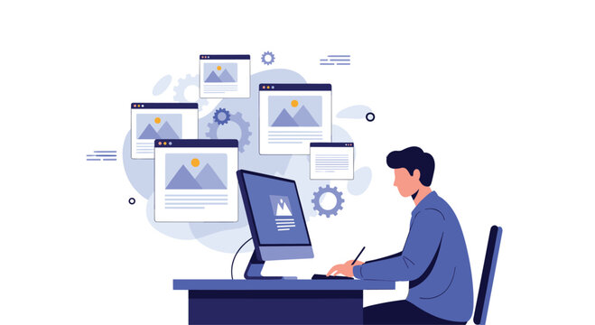 Creative web designer working on a desktop computer with multiple floating user interface windows and gear icons symbolizing digital development.