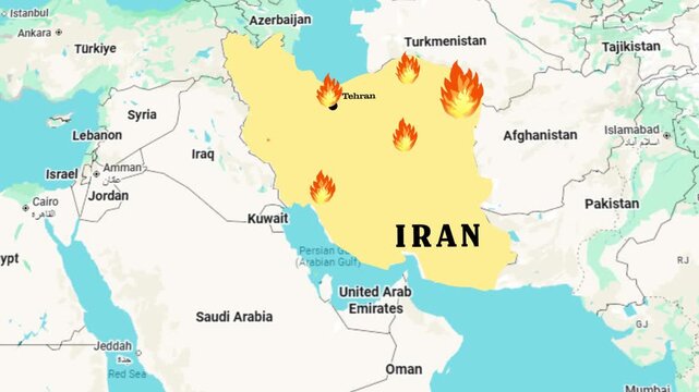 Revolution in Iran. Map of Iran with lights in cities experiencing conflict. Civilian confrontation.