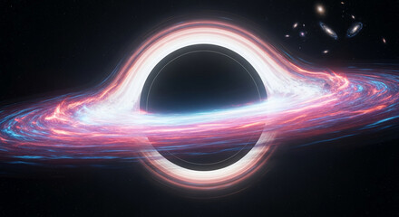 Cosmic image of a black hole with swirling colorful matter, a powerful gravity, showing scientific concepts of deep space, singularity, horizon