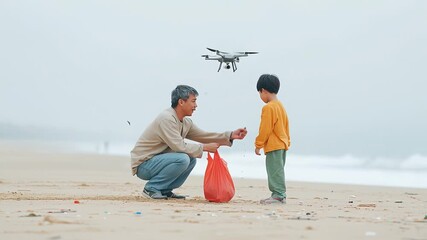 Father and son bonding with drone on beach: teaching, exploring technology, and enjoying outdoor adventures - Powered by Adobe
