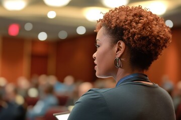 A woman is speaking to an audience in a conference room.