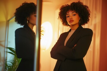 A confident person stands with arms crossed in a well lit room.