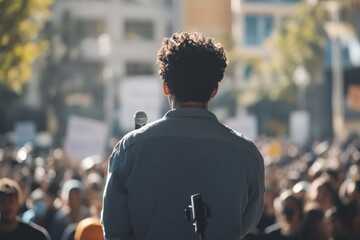 A person speaks into a microphone to a large crowd of people.