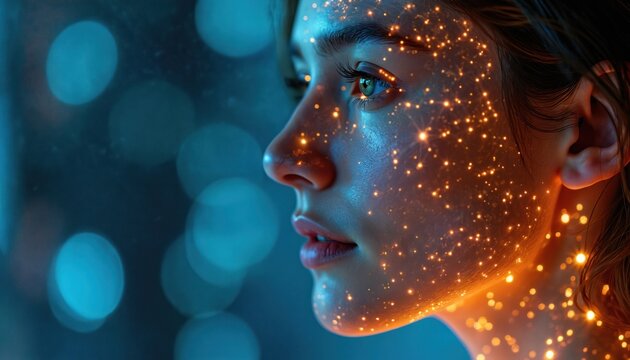 Close-up profile of young woman face lit by glowing particles suggesting digital connection or data flow. Futuristic glowing lights on skin, abstract cyberspace concept, blue background. - Powered by Adobe