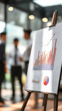 Business professionals discussing financial growth and analytics in a modern office environment. Focus on a presentation board with colorful bar charts and pie graphs illustrating data trends