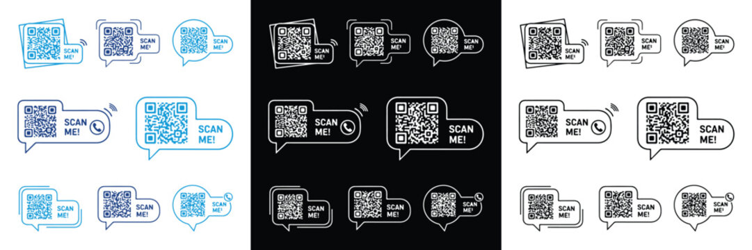 Illustration depicting various stages of mobile payments, QR code scanning, and digital transactions with devices and speech bubbles.