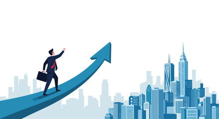 Ambitious businessman walking up a massive rising blue arrow that towers over a modern city skyline, symbolizing career success.