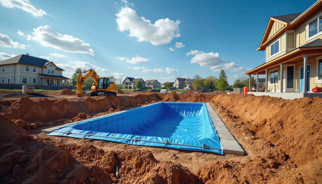 Excavation site with blue pool. Building work near houses. Pool construction in yard. New house development with digger machine, sand ground. Residential area with infrastructure preparation.