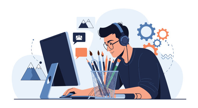 Talented graphic artist working on a computer at his desk surrounded by creative tools like pencils, brushes, and design icons.