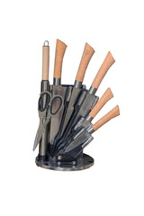 stainless steel kitchen knife on white background, kitchen knifes, Set of kitchen knives on stand, packaging goods storage, isolated on white background