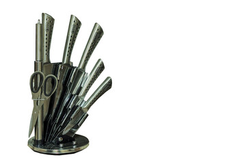 stainless steel kitchen knife on white background, kitchen knifes, Set of kitchen knives on stand, packaging goods storage, isolated on white background