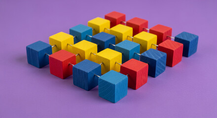 Obraz premium Image of wooden cube in blue, red and yellow, connected by metal rod on violet background, representing construction, connection, and diversity