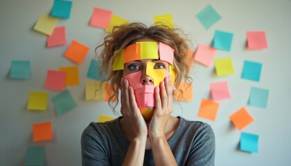Woman face covered in colorful sticky notes in stress concept. Lady with paper notes on head overwhelmed by problems. Business person with reminder stickers on face. Expression of anxiety, overwork.