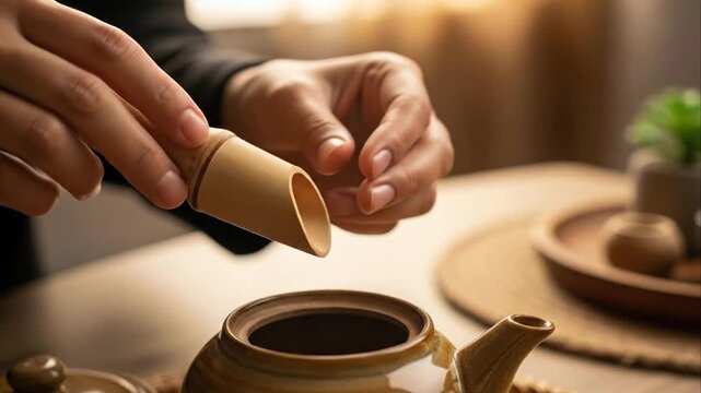 Hands pouring tea into teapot close up warm tones
