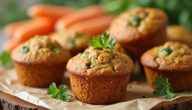 Freshly baked vegetable muffins with carrot, zucchini, green peas. Homemade healthy breakfast quick snack pastries presented on rustic wood board. Delicious savory meal with fresh parsley garnish, - Powered by Adobe