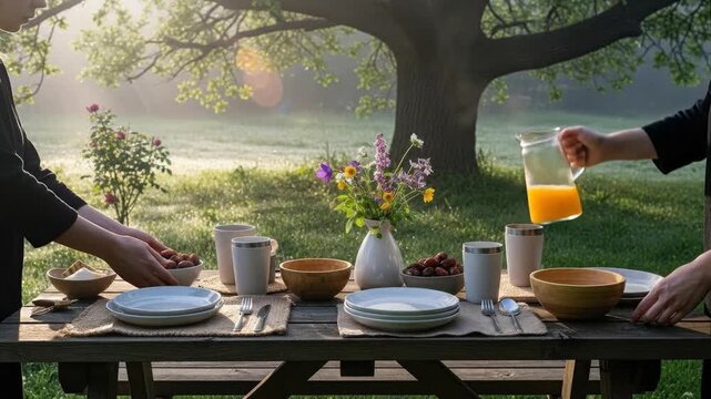 Outdoor table setting with people pouring juice