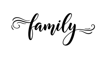 Black cursive word family on white background with decorative swirls around it