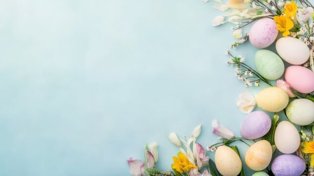 Easter eggs spring flowers light pastel textured background for spring theme, holiday design, soft visual, decorative backdrop