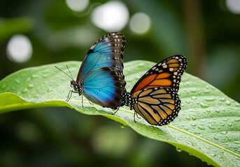 Fototapeta premium Two butterflies with colorful wings rest on a wet green leaf.