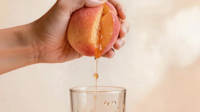 Human hand squeezing ripe peach dripping with golden juice into glass on light background. Concept of natural sweetness, freshness, healthy food, and summer indulgence