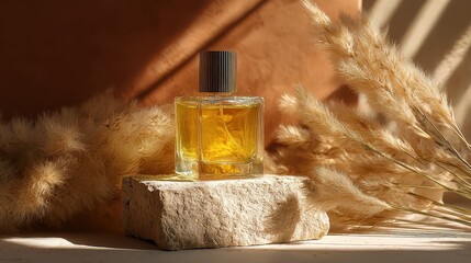 A bottle of perfume sitting on a rock