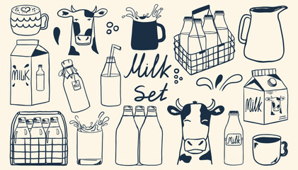 Hand drawn milk doodle set. Vintage vector collection of organic farm products, cows, bottles in crates and dairy splashes. Organic elements in crayon drawing style
